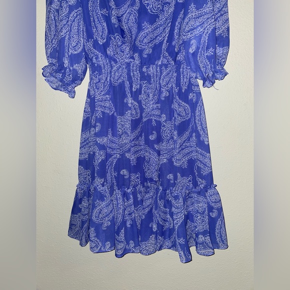 A6 - 305 Just Taylor deep blue v neckline ruffle hem paisley dress size small - Picture 7 of 8